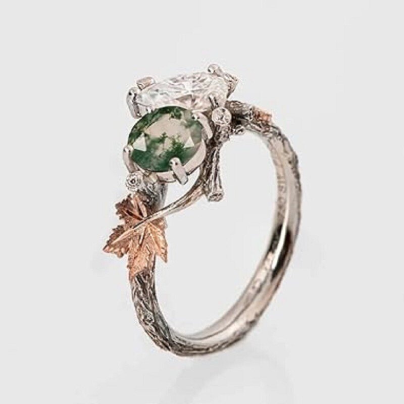 Bague de fiançailles en argent sterling plaqué or rose avec feuille d'érable en agate mousse-4