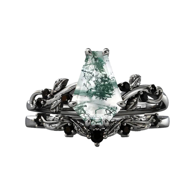 Anillo de boda para pareja con grabado personalizado de ágata musgosa chapada en oro rosa de plata de ley-6