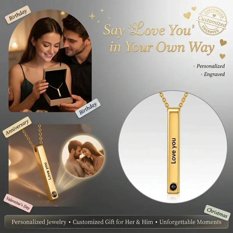 14K Gold Personalized Projection Engravable Pendant Necklace for Men-5