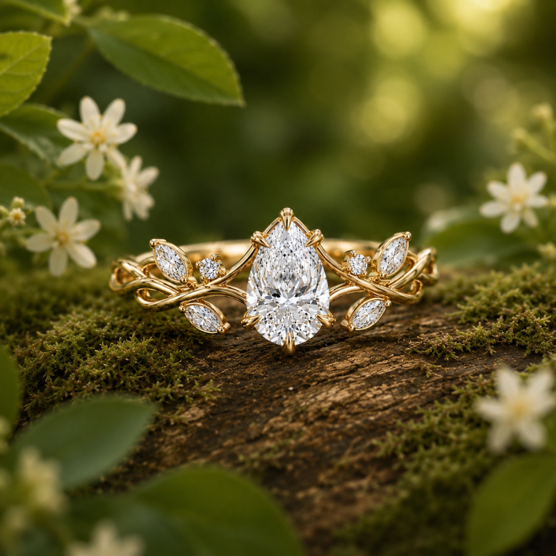 Verlobungsring aus 18-karätigem Gold mit 1 bis 3 Karat birnenförmigem, im Labor gezüchtetem Diamanten im Ivy-Design, inspiriert von der Natur.-4