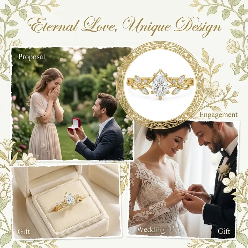 Verlobungsring aus 18-karätigem Gold mit 1 bis 3 Karat birnenförmigem, im Labor gezüchtetem Diamanten im Ivy-Design, inspiriert von der Natur.-5