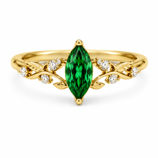 Anello di fidanzamento ispirato alla natura, in argento sterling placcato oro giallo, con smeraldo sintetico da 1 a 6 carati e diamante sintetico.