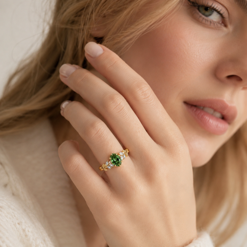 Anel de Noivado Personalizado Inspirado na Natureza com Diamante de Peridoto em Corte Marquise de 1 a 6 Quilates em Ouro 14K-2