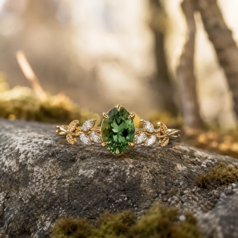 Anel de Noivado Personalizado Inspirado na Natureza com Diamante de Peridoto em Corte Marquise de 1 a 6 Quilates em Ouro 14K-5