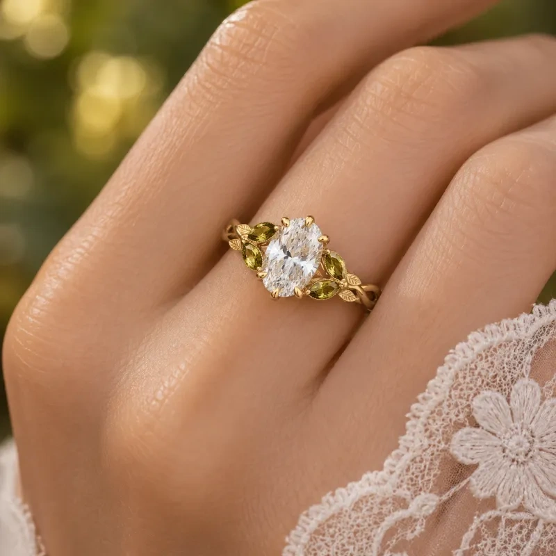 Anel de Noivado em Ouro 14K com Moissanita de Corte Oval de 1 a 6 Quilates e Peridoto, Inspirado na Natureza, Estilo Hera-2