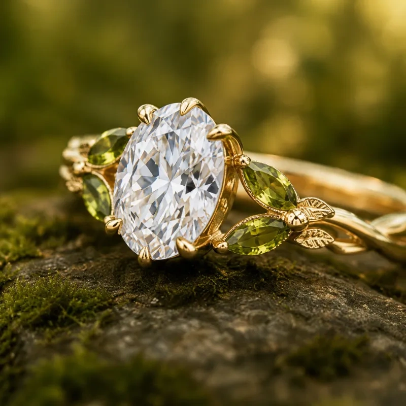 Anel de Noivado em Ouro 14K com Moissanita de Corte Oval de 1 a 6 Quilates e Peridoto, Inspirado na Natureza, Estilo Hera-3