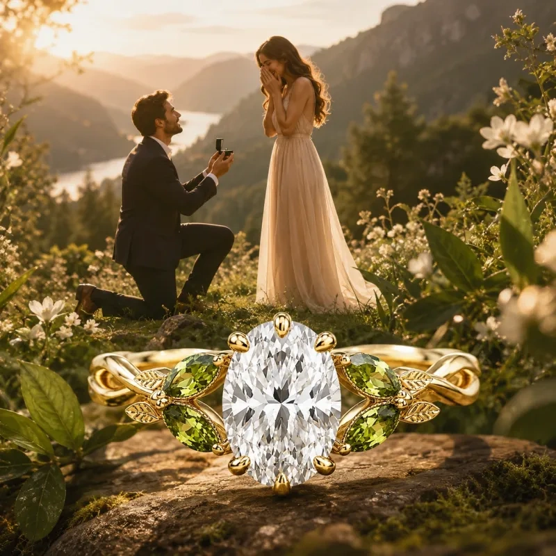 Anel de Noivado em Ouro 14K com Moissanita de Corte Oval de 1 a 6 Quilates e Peridoto, Inspirado na Natureza, Estilo Hera-4