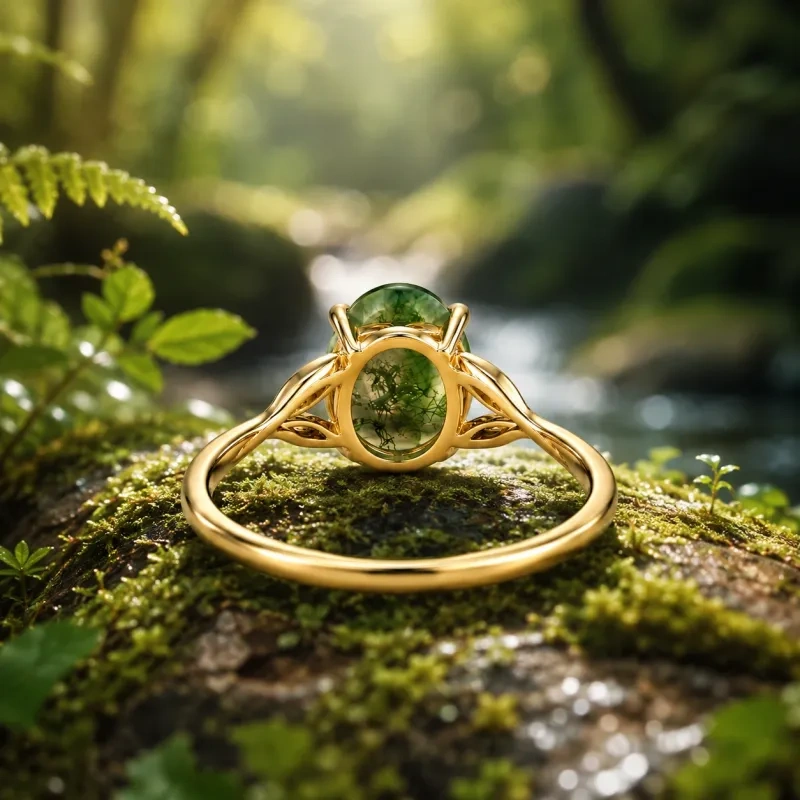 Anel de Noivado Solitário em Prata de Lei com Banho de Ouro Amarelo, com Ágata Musgosa de 1 a 6 Quilates em Corte Oval, Inspirado na Natureza-3