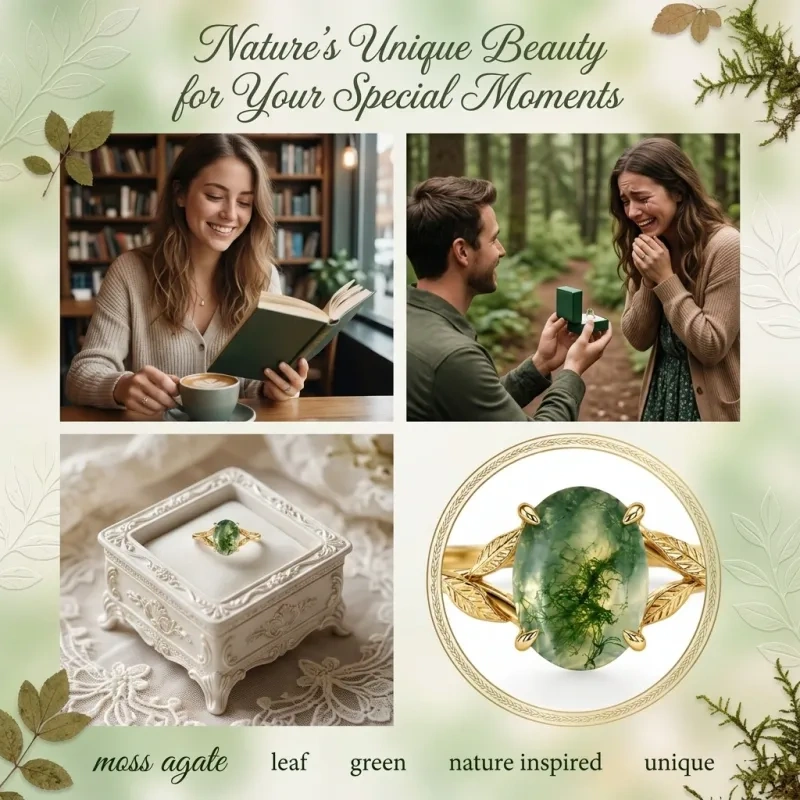 Anel de Noivado Solitário em Prata de Lei com Banho de Ouro Amarelo, com Ágata Musgosa de 1 a 6 Quilates em Corte Oval, Inspirado na Natureza-5