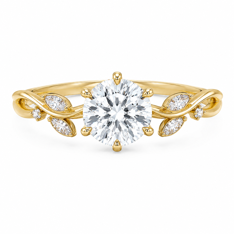 Sterling Silver with Yellow Gold Plated 1 to 6 CT Round Cut Moissanite Ivy Leaf Natural Inspired Engagement Ring-19