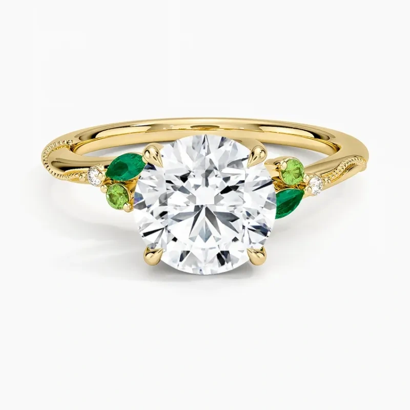 Sterling Silver with Yellow Gold Plated 1 to 6 CT Round Cut Moissanite Leaves Sidestone Natural Inspired Engagement Ring-16