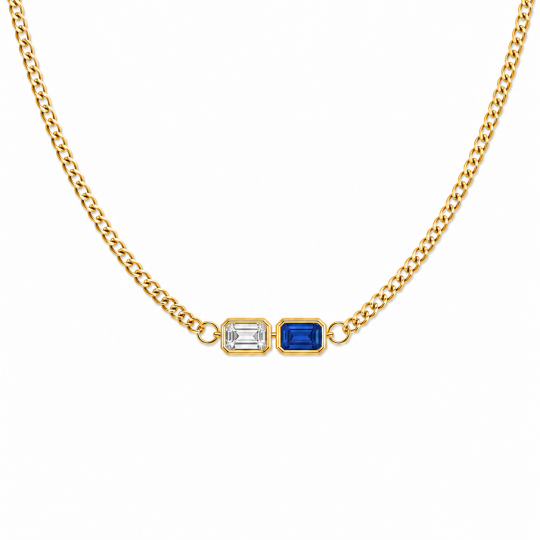 Sterling Silver with Yellow Gold Plated 3.5mm Emerald Cut Personalized Birthstone Necklace for Men with Curb Link Chain
