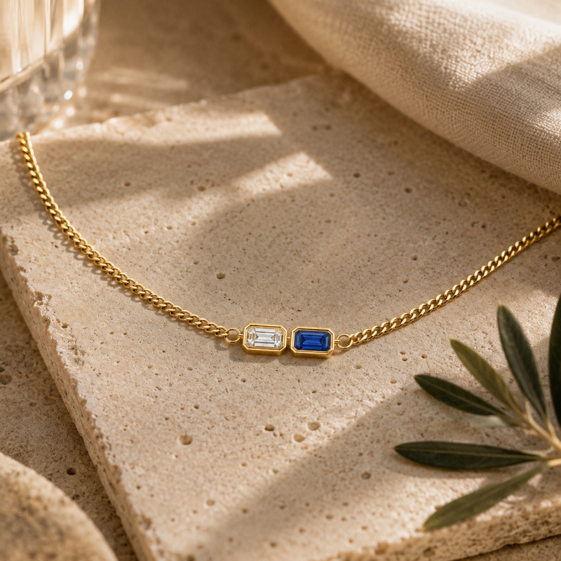 Sterling Silver with Yellow Gold Plated 3.5mm Emerald Cut Personalized Birthstone Necklace for Men with Curb Link Chain-4