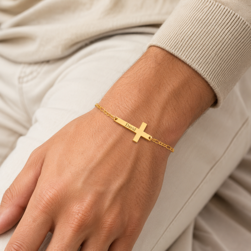 Bracelet de charmes en or 14K gravable avec croix pour hommes-2