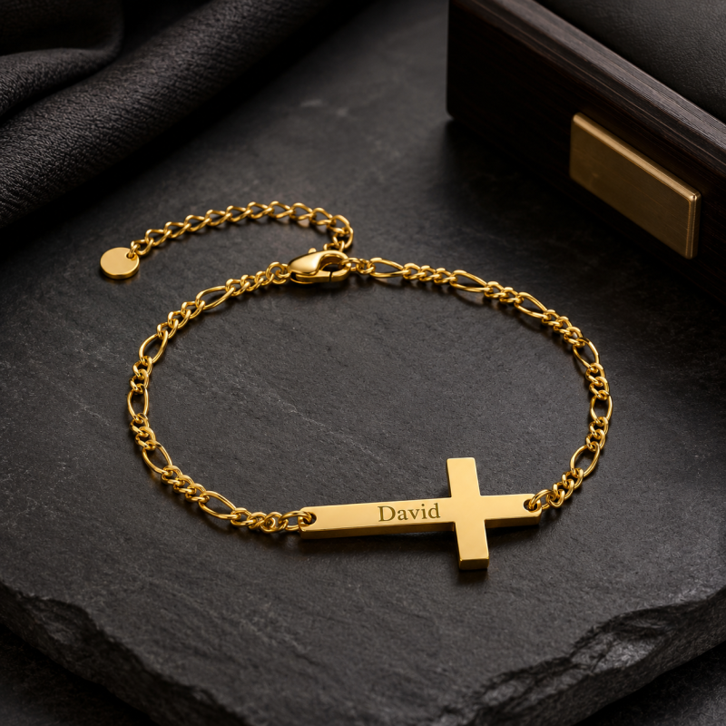 Bracelet de charmes en or 14K gravable avec croix pour hommes-3