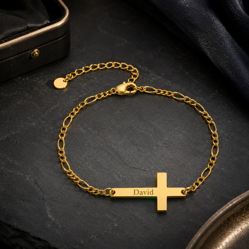 Bracelet de charmes en or 14K gravable avec croix pour hommes-4