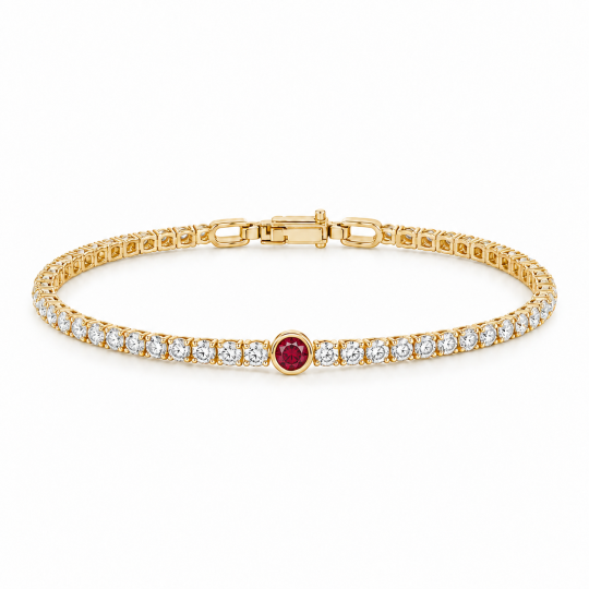 Sterling Silver with Yellow Gold Plated 3mm Round Cut Moissanite & Birthstone Tennis Chain Bracelet 6 to 7.5 Inches