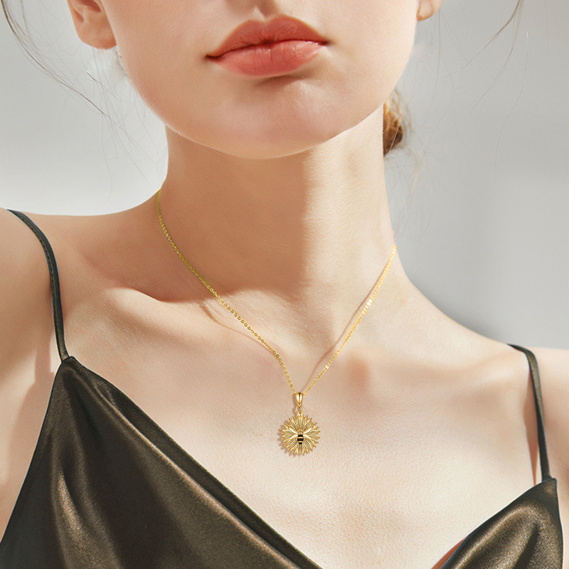 Collier en argent sterling avec pendentif abeille tournesol plaqué or jaune, gravure persoalisée pour unisexe-2