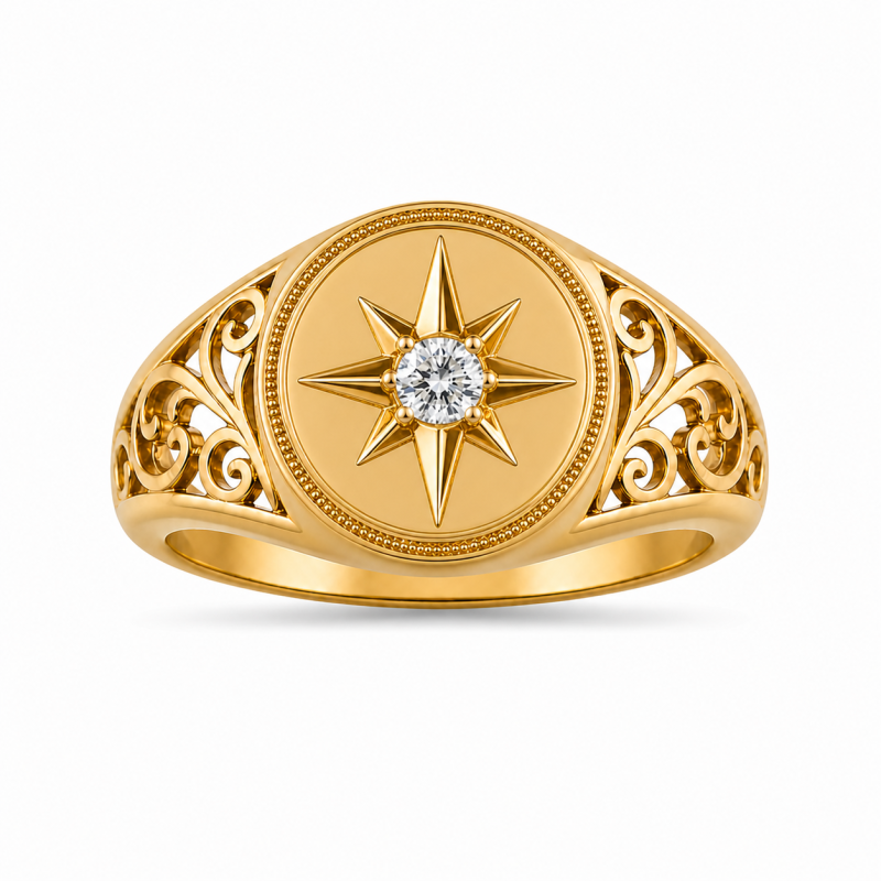 Sterling Silver with Yellow Gold Plated Birthstone Compass Signet Ring-5