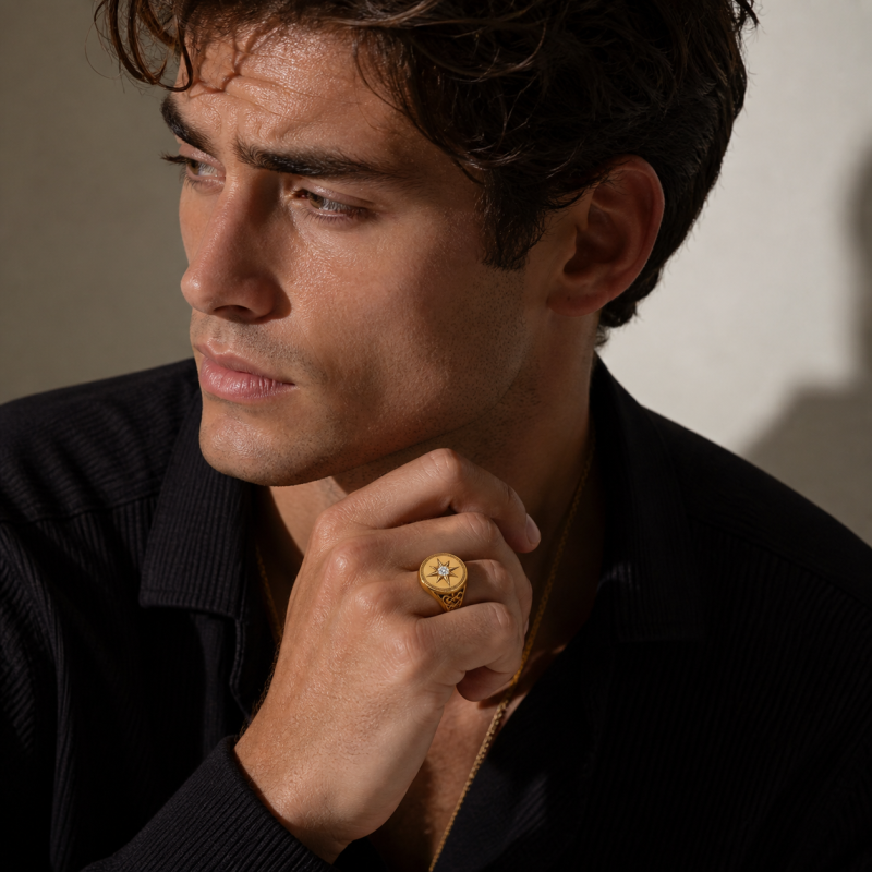 18K Gold Birthstone Compass Signet Ring-2