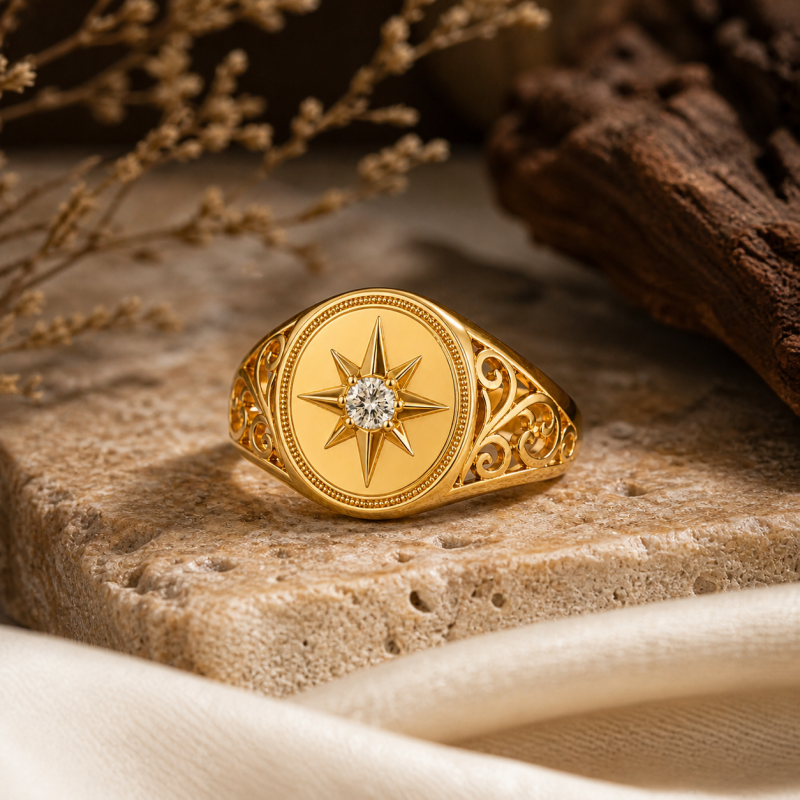 18K Gold Birthstone Compass Signet Ring-3
