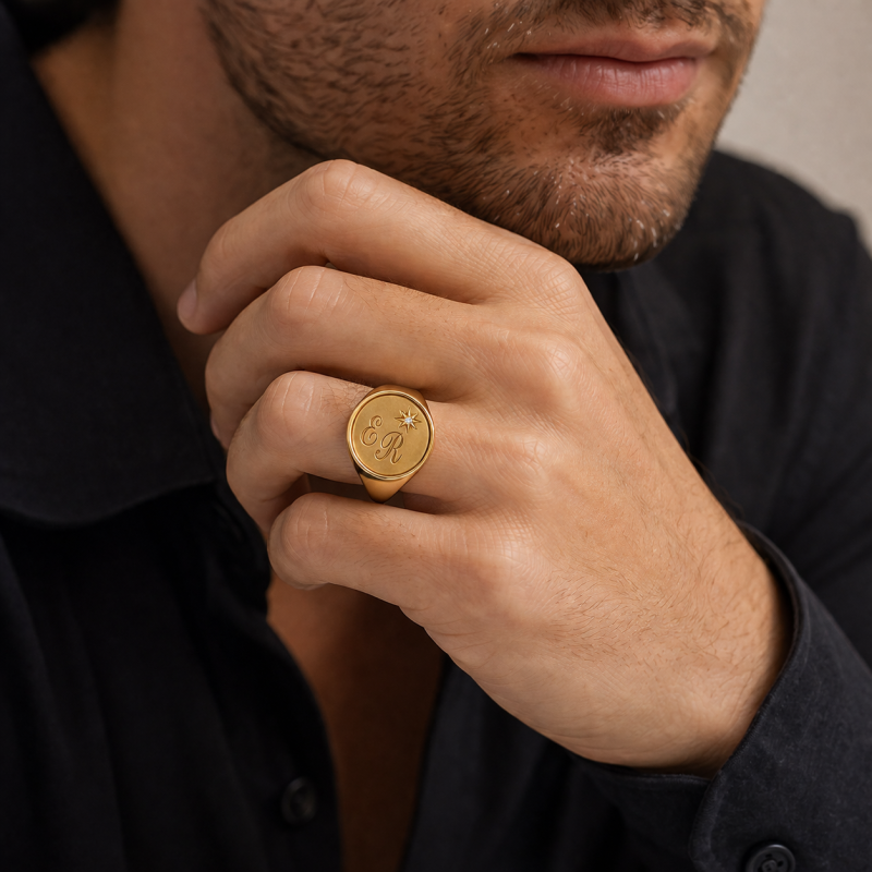 Bague sigillée en or 10K avec pierre de naissance et initiale personnalisée pour homme-2