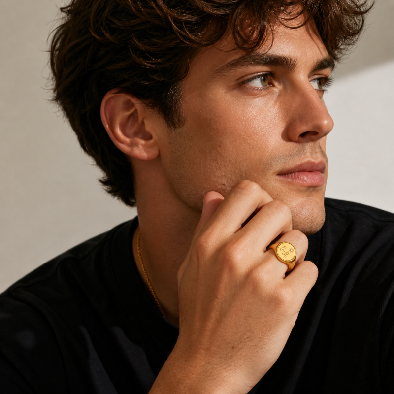 Bague sigillée en or 10K avec pierre de naissance et initiale personnalisée pour homme-3