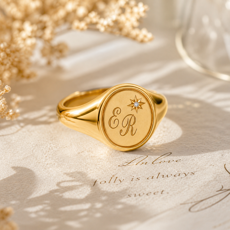 Bague sigillée en or 10K avec pierre de naissance et initiale personnalisée pour homme-4