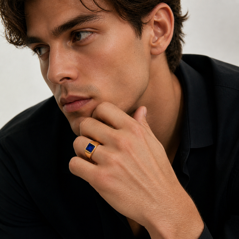 Sterling Silver with Yellow Gold Plated Birthstone Signet Ring for Men-2