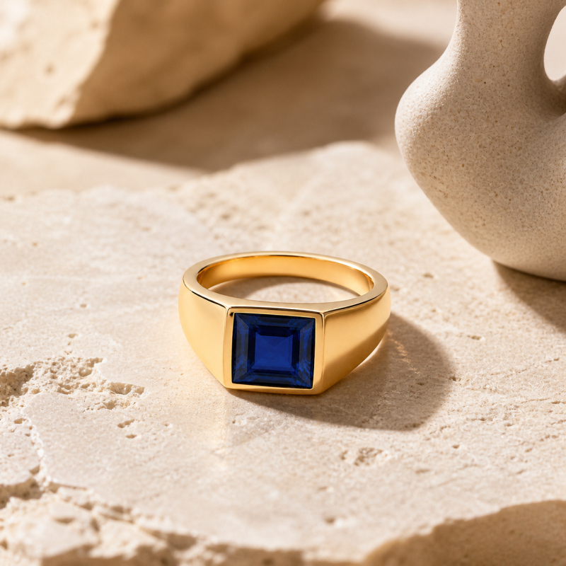 Sterling Silver with Yellow Gold Plated Birthstone Signet Ring for Men-3