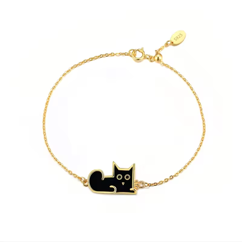 Pulsera con dije de gato negro de plata de ley con baño de oro amarillo-2