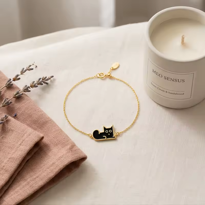 Pulsera con dije de gato negro de plata de ley con baño de oro amarillo-5