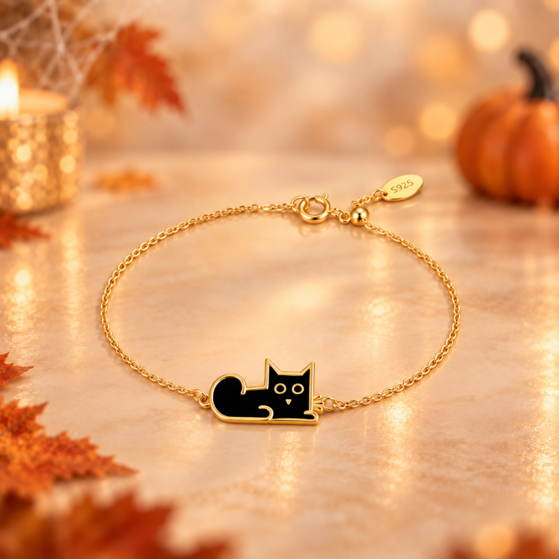 Pulsera con dije de gato negro de plata de ley con baño de oro amarillo-1