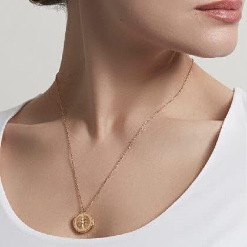 Collar unisex con medallón fotográfico personalizado en forma de brújula, de plata de ley con baño de oro amarillo y circonita cúbica circular.-2