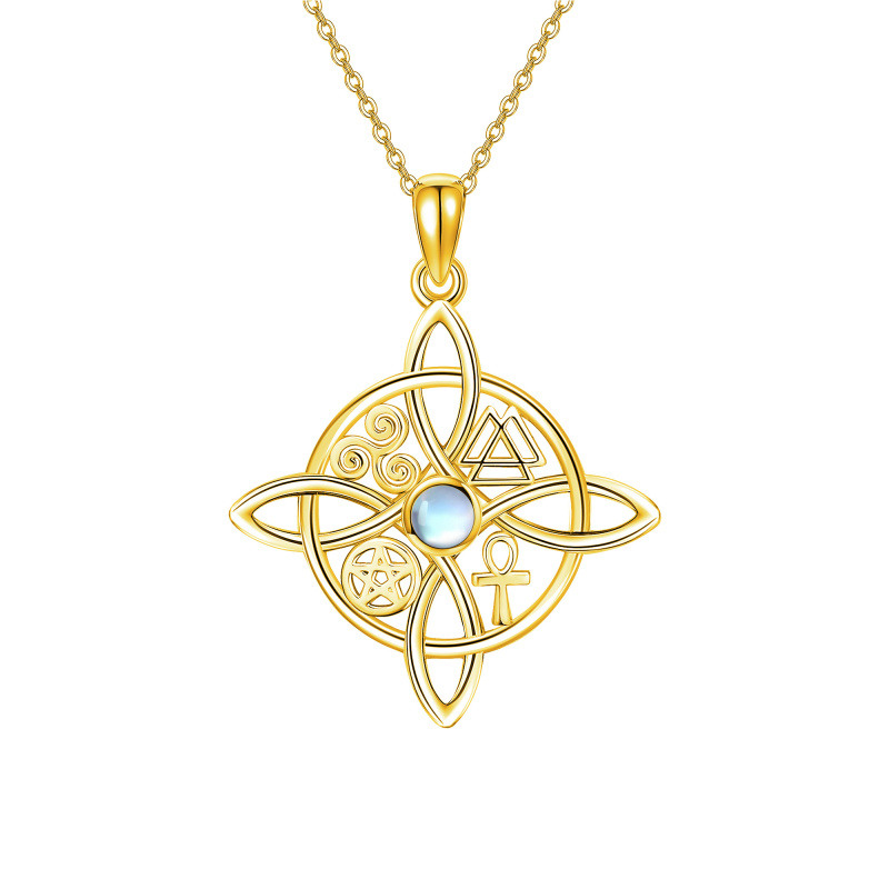 Collar de plata de ley con baño de oro amarillo con forma circular de piedra de luna y nud-1