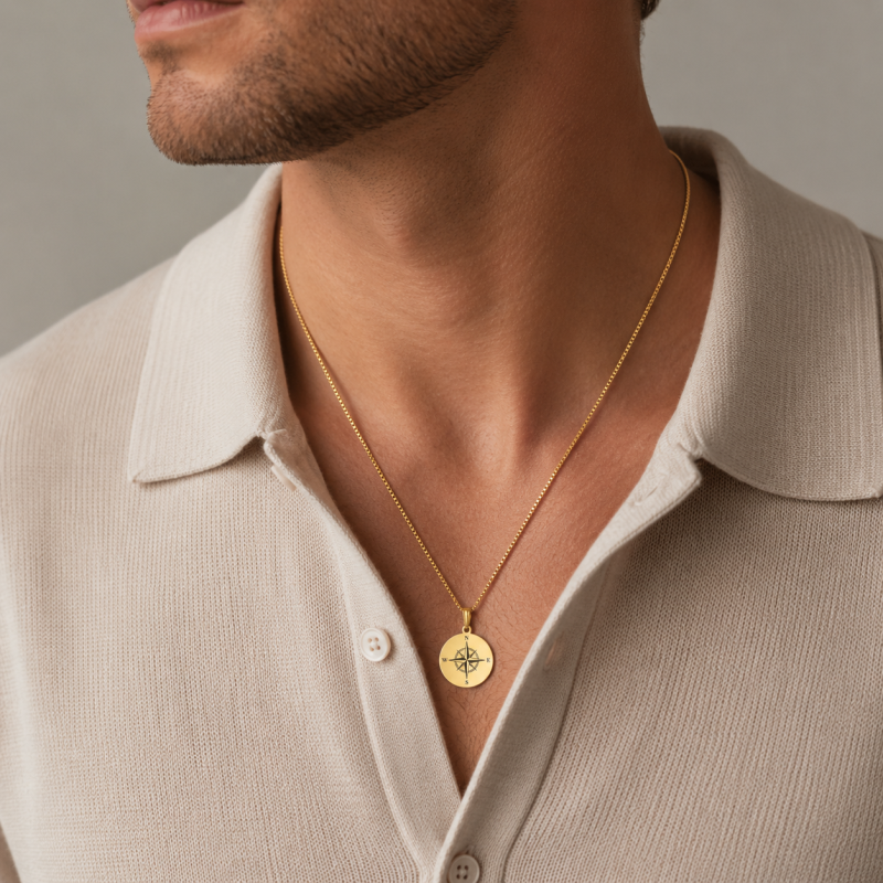 18K Gold Compass Coin Necklace for Men-2