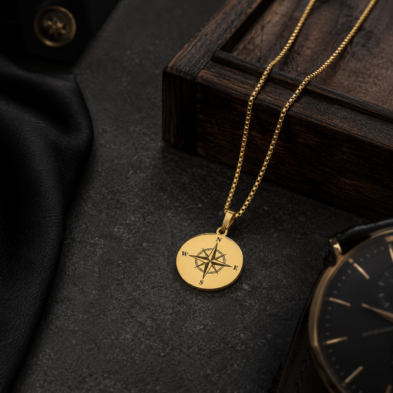 18K Gold Compass Coin Necklace for Men-3