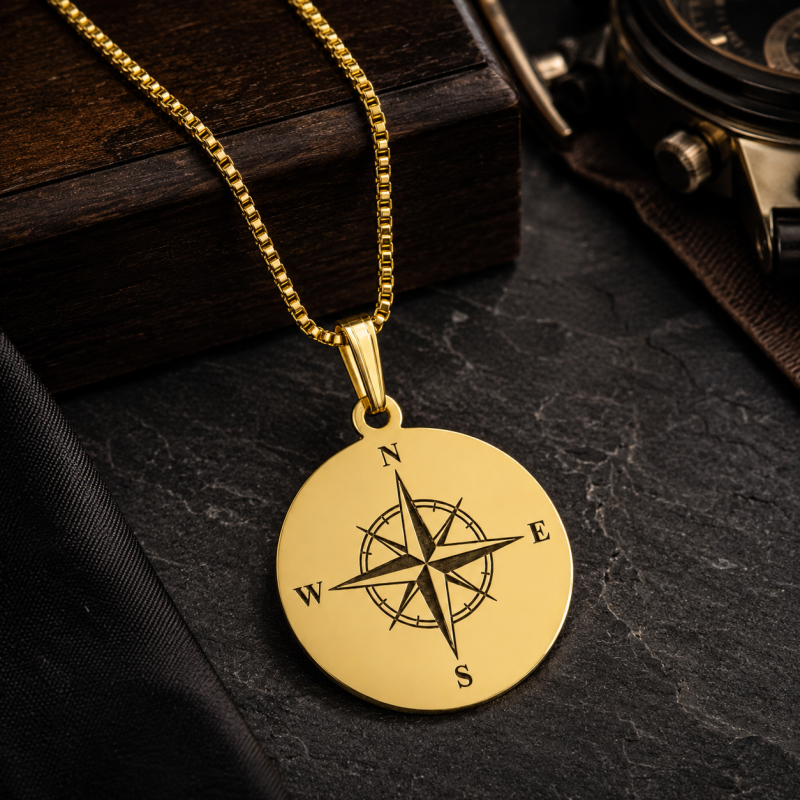 18K Gold Compass Coin Necklace for Men-4