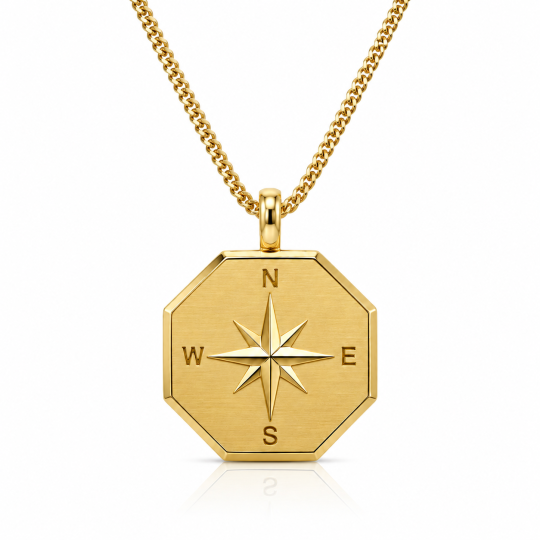 Sterling Silver with Yellow Gold Plated Compass Pendant Necklace for Men