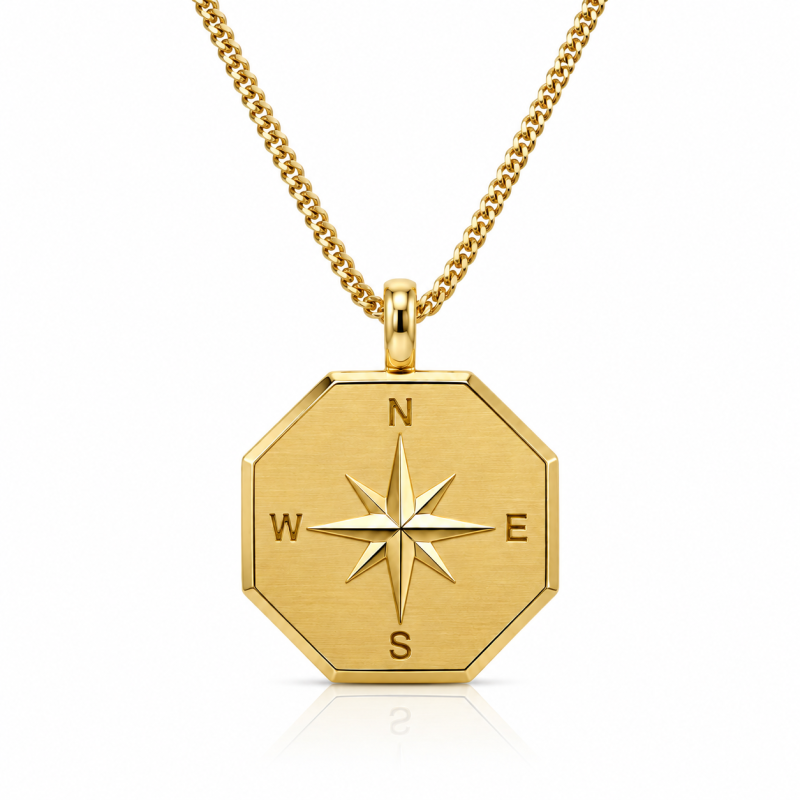 Sterling Silver with Yellow Gold Plated Compass Pendant Necklace for Men-18