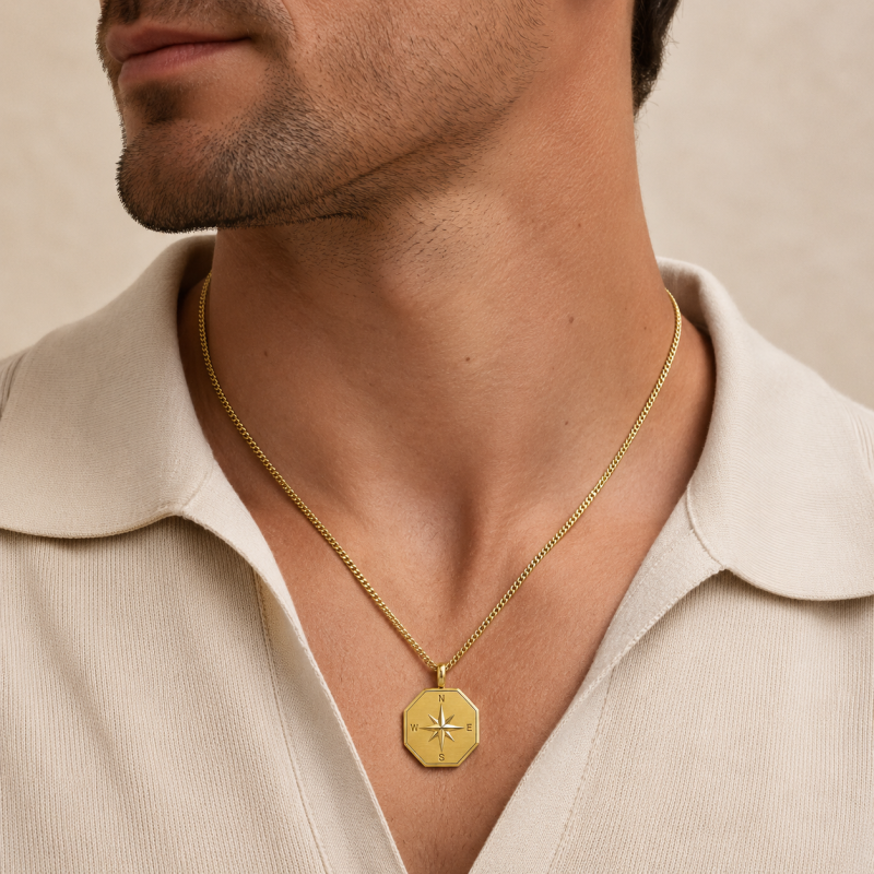 18K Gold Compass Pendant Necklace for Men-2