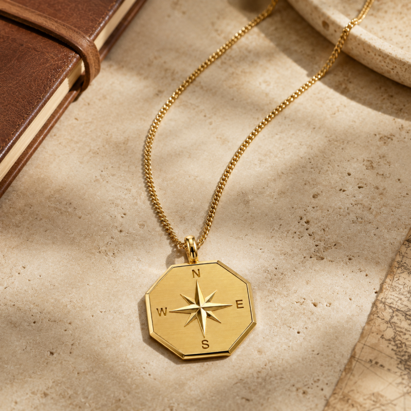 18K Gold Compass Pendant Necklace for Men-3
