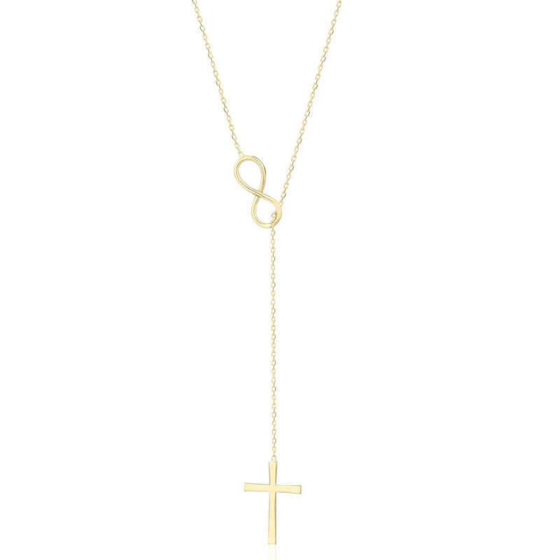 Collar con cruz ajustable en forma de Y en plata de ley bañada en oro amarillo-1