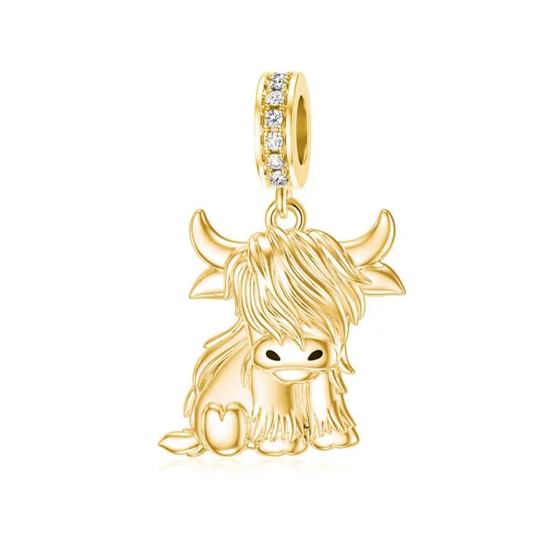 Pendentif en argent sterling avec zircone cubique plaqué or jaune en forme de vache des Highlands-3