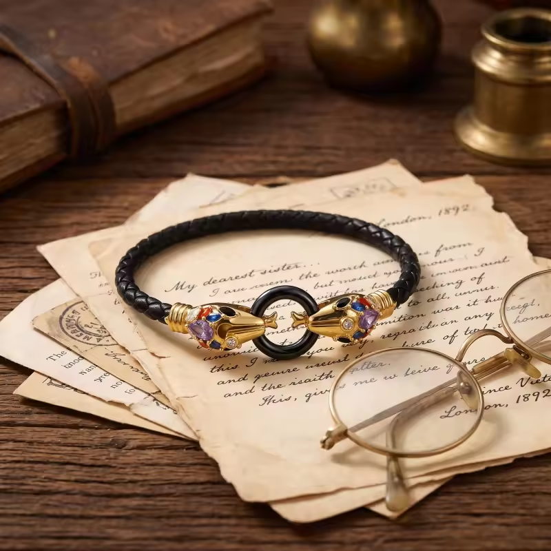 Pulsera con dije de dos cabezas de serpiente, de plata de ley con baño de oro amarillo y circonitas cúbicas.-4