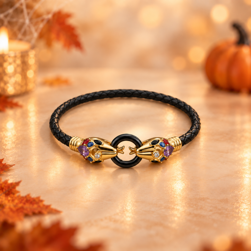 Pulsera con dije de dos cabezas de serpiente, de plata de ley con baño de oro amarillo y circonitas cúbicas.-1