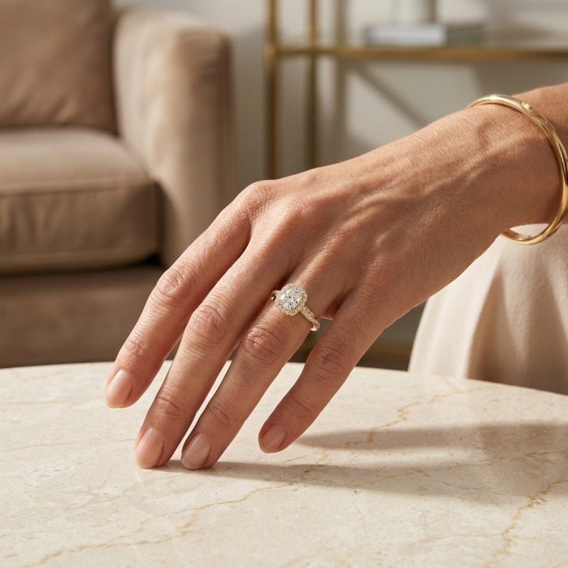 Bague de fiançailles en argent sterling plaqué or jaune avec diamant de laboratoire taille coussin et halo personnalisé.-2