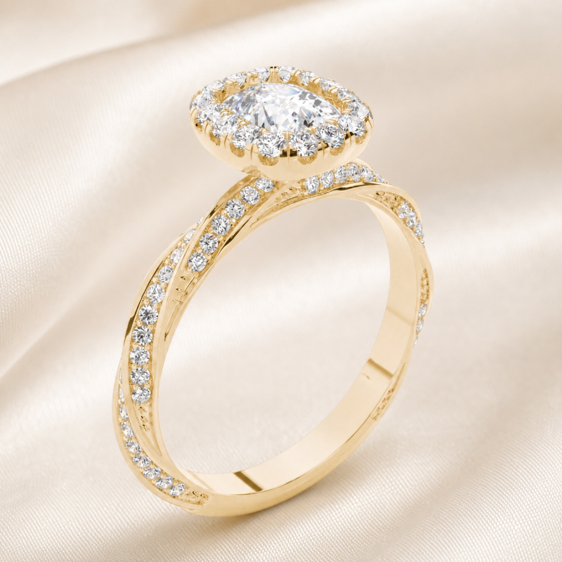 Bague de fiançailles en argent sterling plaqué or jaune avec diamant de laboratoire taille coussin et halo personnalisé.-4