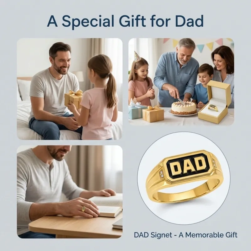 Sterling Silver with Yellow Gold Plated Diamond Father Custom Signet Ring-4