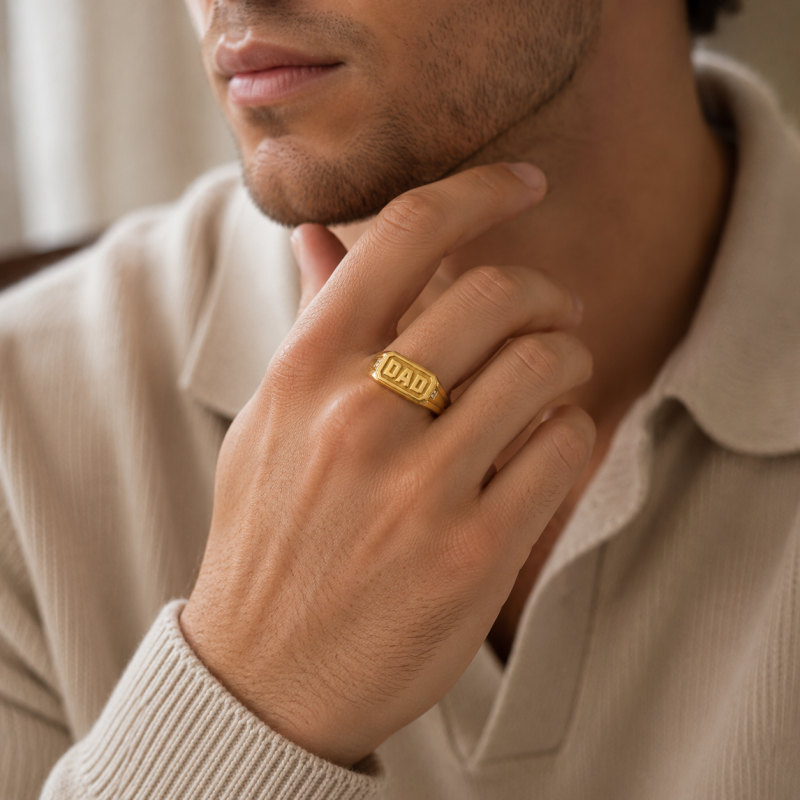 Sterling Silver with Yellow Gold Plated Diamond Father Custom Signet Ring-2